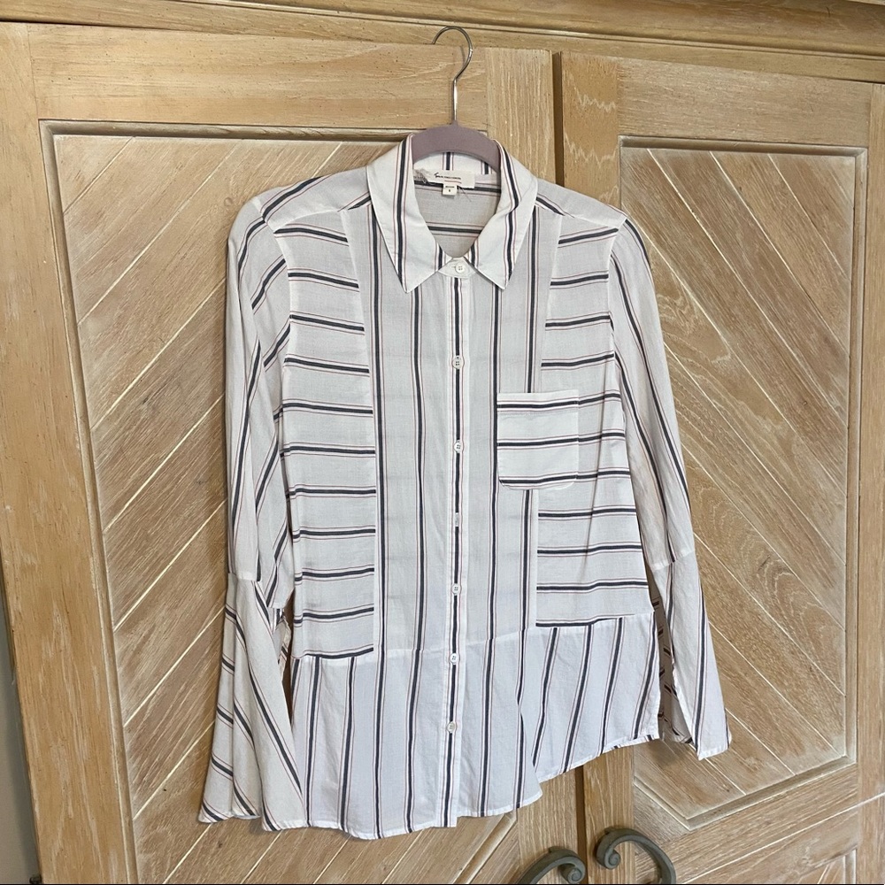 Vince Camuto white cotton shirt with grey and red stripes.